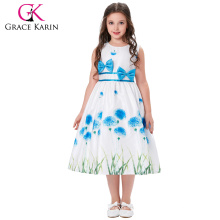 Grace Karin Kids Children Dress Grass Pattern sem mangas em torno do pescoço Bow-Knot Decorado 2 ~ 12 Year Old Girl Dress CL008996-2